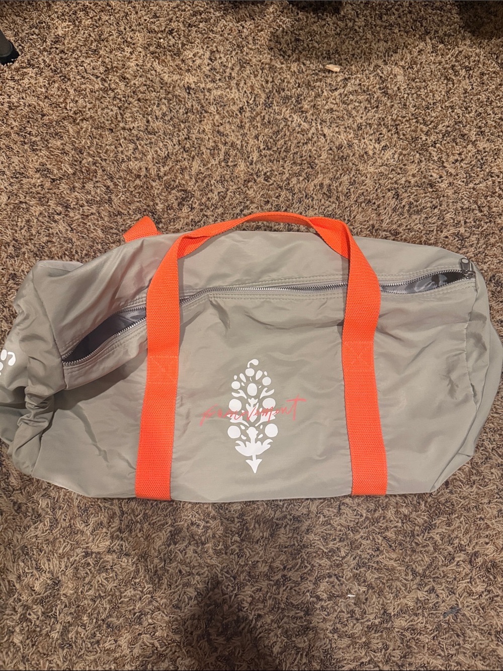 Gray Duffel Bag with Orange Handles
